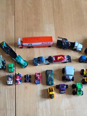 20 Each Small Toy Cars, Trucks, Motorcycle, plus 3 Little Dinosaurs